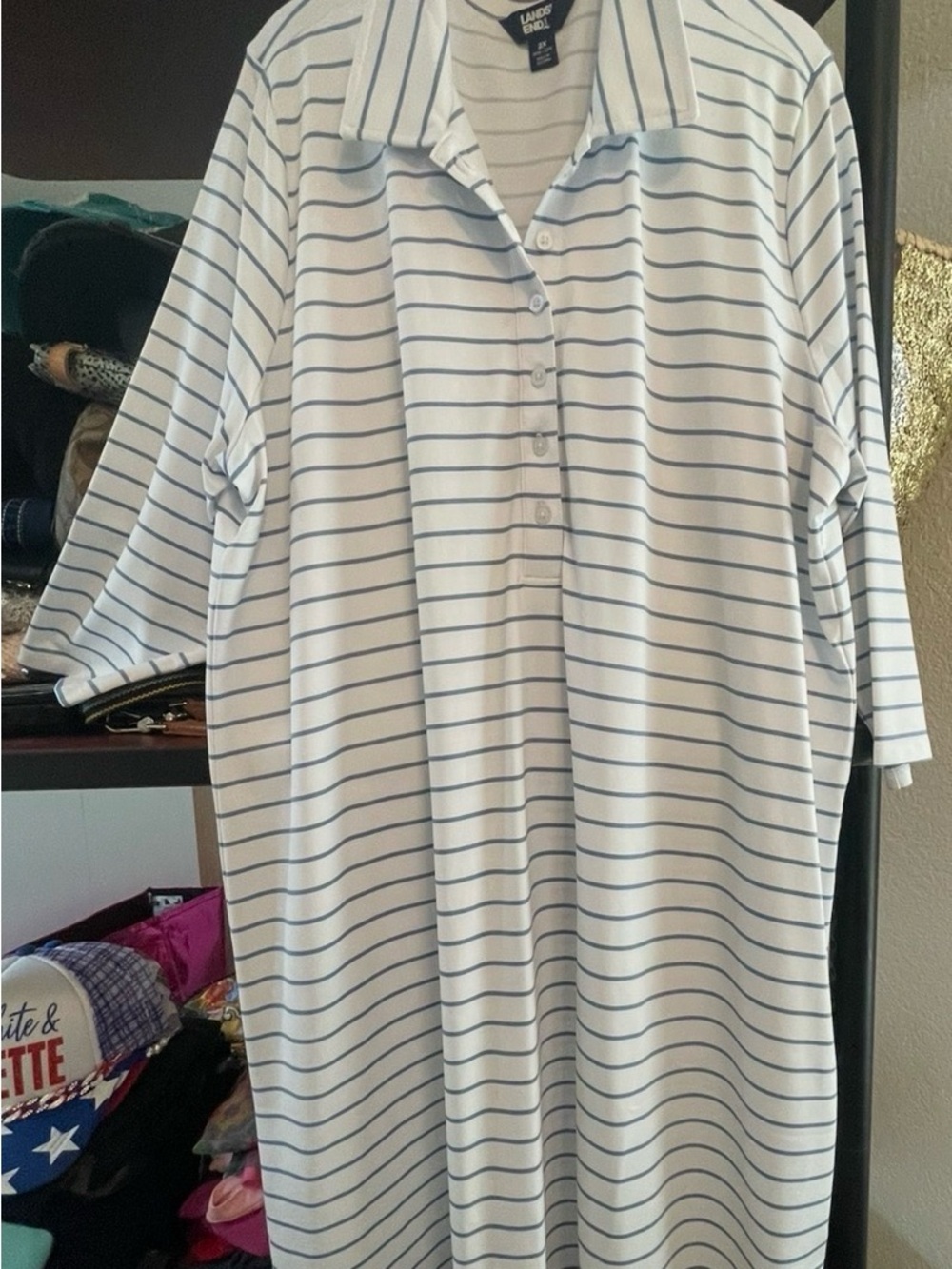 Lands' End White Shirt Dress with Blue Stripes - Midi (2X)